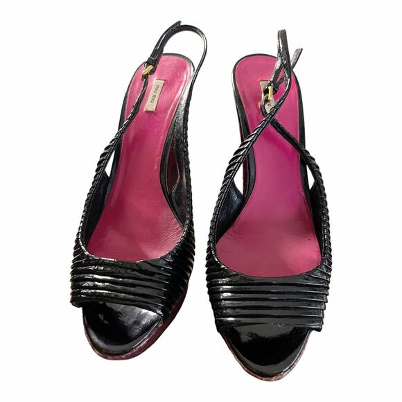 MIU MIU Black Patent Leather Sandals Peep Toe Sling Back Platforms Italy 38.5 - Picture 9 of 16